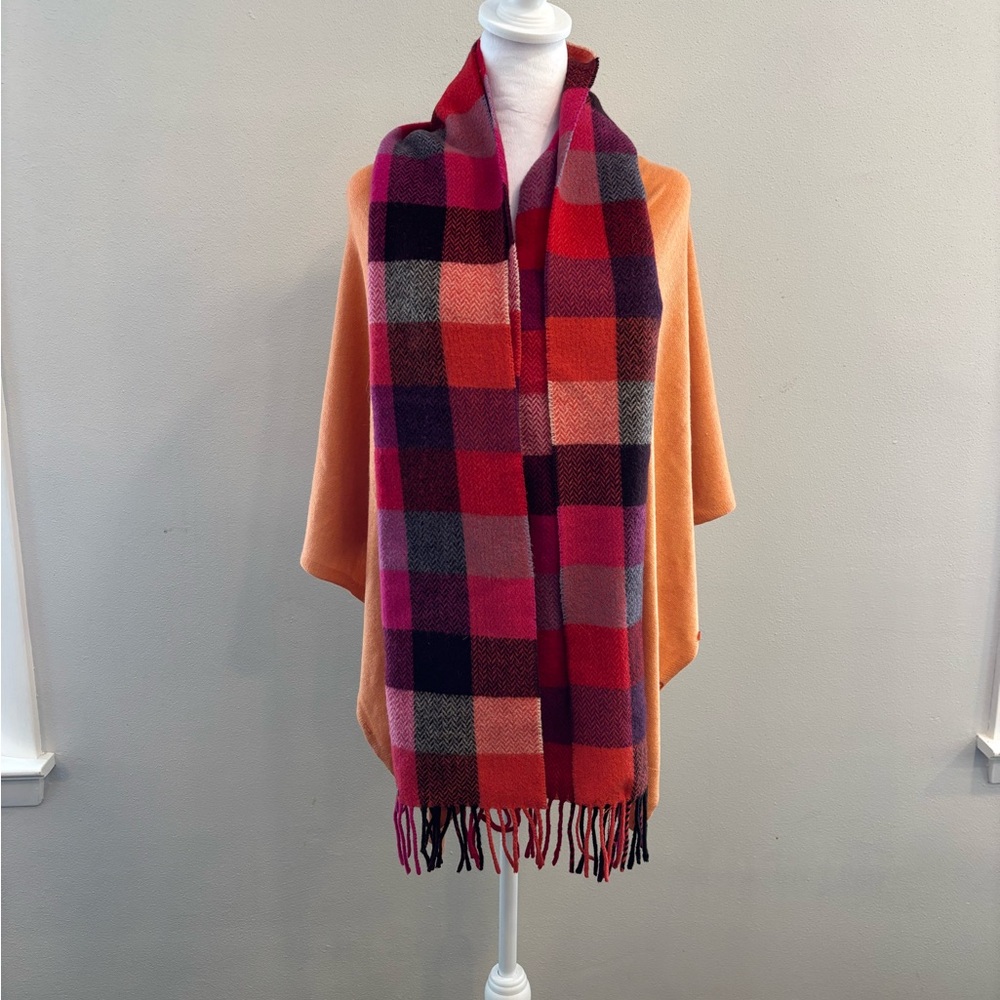 Cozy Layering Bundle – Plaid Scarf + Versatile Orange Knit Wrap/Cardigan